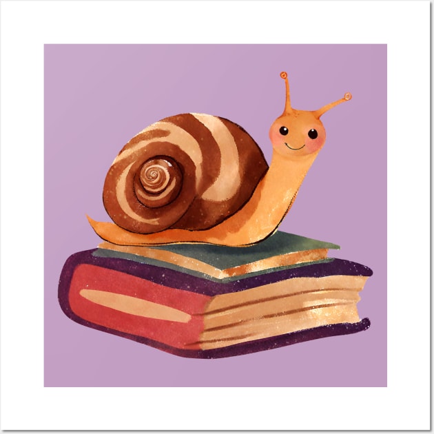 Funny Smiling Snail and Books Wall Art by FarmOfCuties